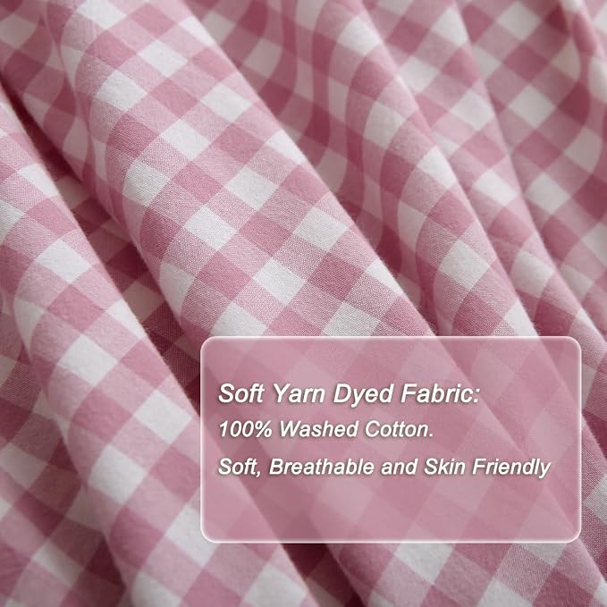 Silnuo Vintage Pink/White Plaid Ruffle 3-Piece Duvet Cover Set Queen Size - Image 5