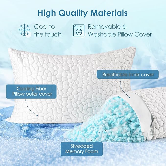 Cooling Pillows Queen Size Set of 2 Shredded Memory Foam Pillows - Image 6