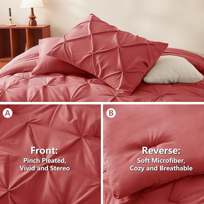 CozyLux King Size Comforter Set Coral, 7 Pieces Pintuck Bed in A Bag Coral - Image 3
