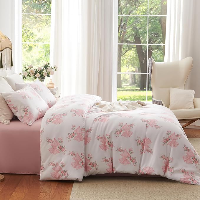Nayoroom Pink Bow Duvet Cover Queen Size Coquette Pink Floral Duvet Cover 3 - Image 4