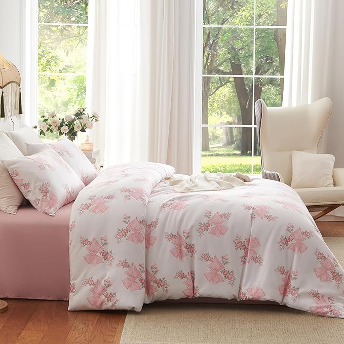 Nayoroom Pink Bow Duvet Cover Full Size Coquette Pink Floral Duvet Cover 3 - Image 4