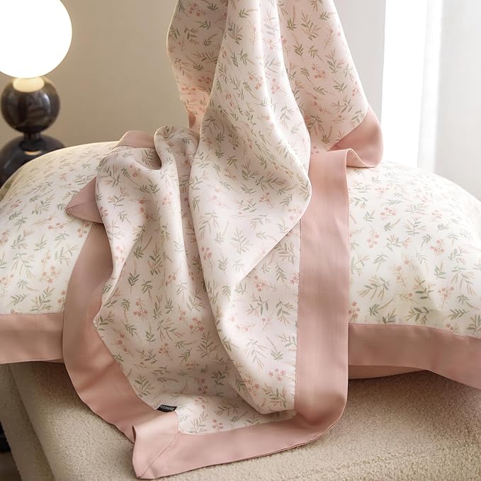 mixinni Pink White Floral Duvet Cover Twin XL Size Green Leaves Cute Flower - Image 7