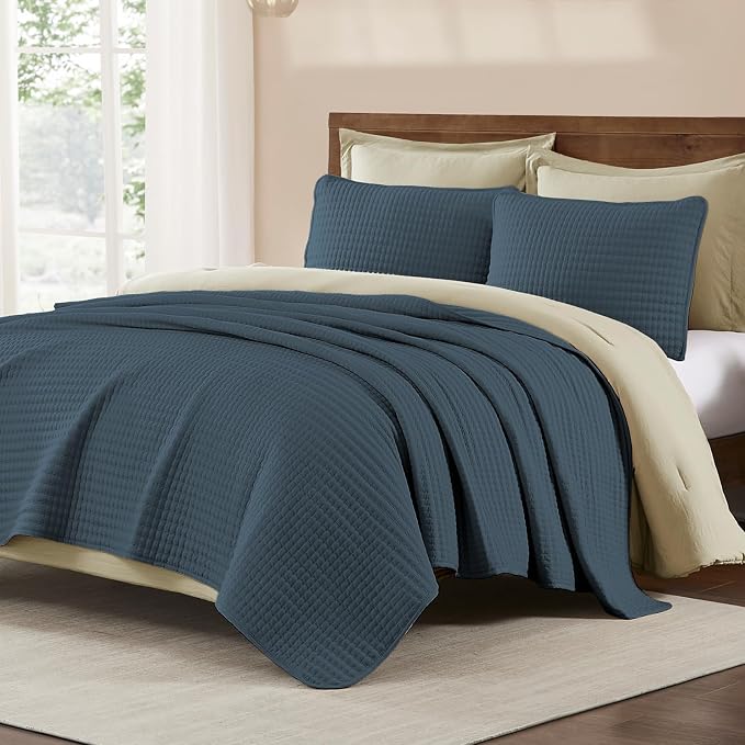 WRENSONGE King Size Quilt-3 Pieces Lightweight Navy Blue Bedspreads King Quilt - Image 2