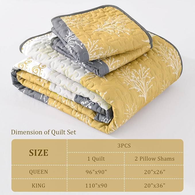 DJY Yellow Boho Quilt Set King Size, Striped Floral Yellow and Grey Bedspread - Image 8