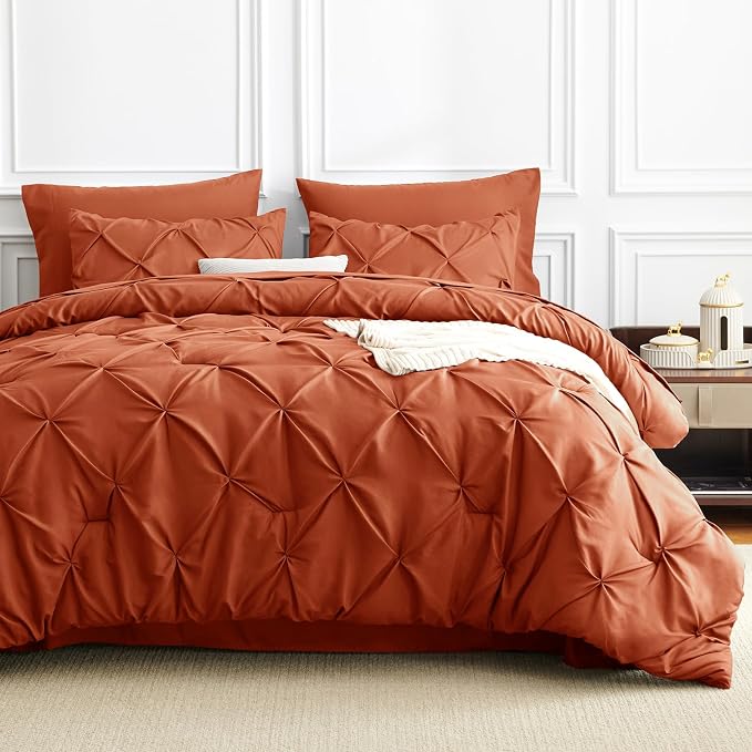 HIMEET Pintuck Bed in a Bag, 7 Pieces Queen Size Comforter Set Burnt Orange - Image 9