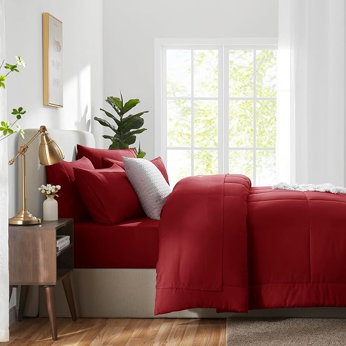CozyLux King Size Comforter Set Dark Red, 7 Pieces Bed in a Bag, All Season - Image 9