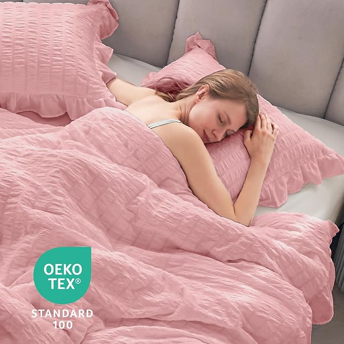 JOLLYVOGUE Pink Twin Size Comforter Set, 2 Pieces Seersucker Lightweight Fluffy - Image 6