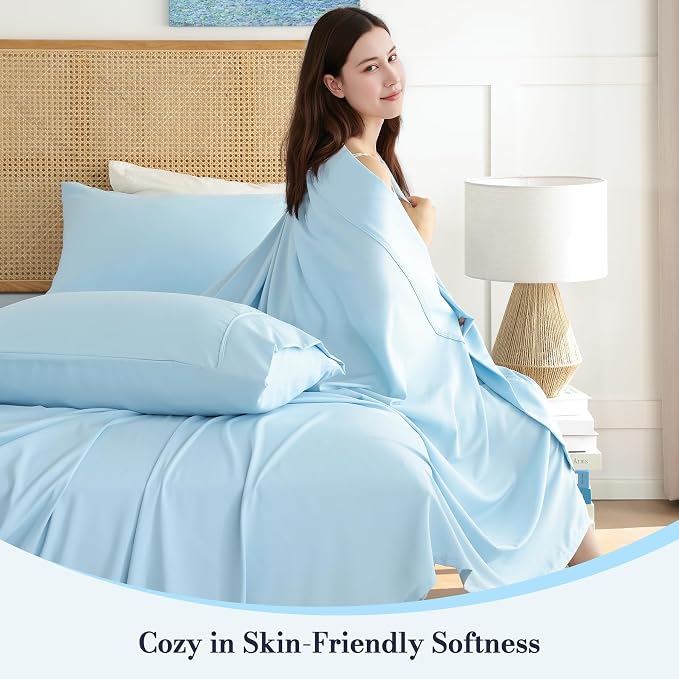 King Sheet Set 4 Piece, Wrinkle Free, Oeko-Tex Certified Bedsheets，Sky Blue - Image 2
