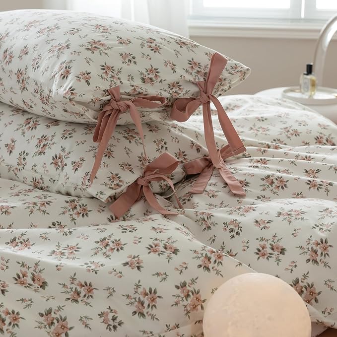 mixinni Vintage Style Girls Pale Pink Flower Pattern Duvet Cover Twin Soft - Image 3