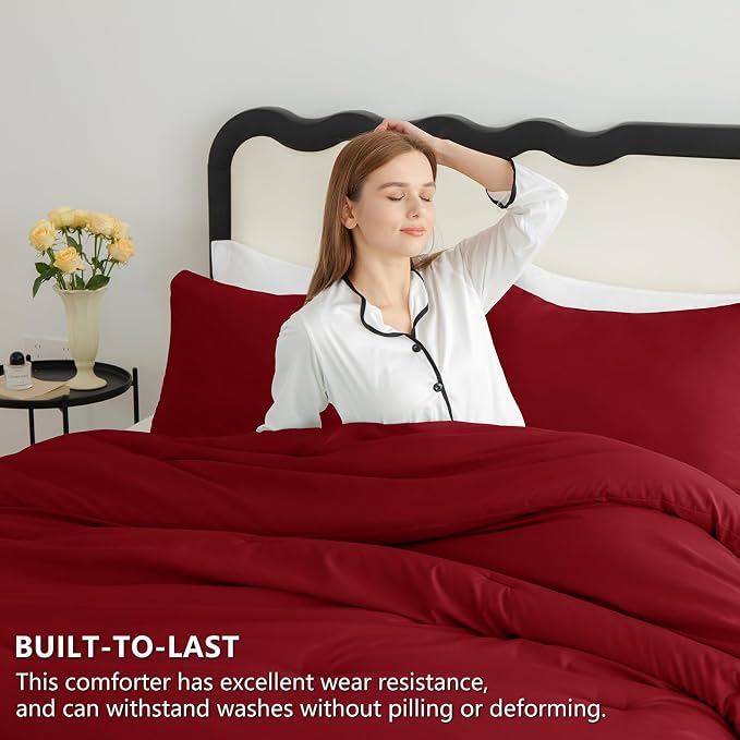 CozyLux California King Comforter Set Dark Red, 3 Pieces Cal King Solid - Image 3