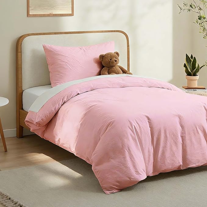 LOVQUE Pink Cotton Duvet Cover Twin Size, Linen Like Natural Bedding Set - Image 2