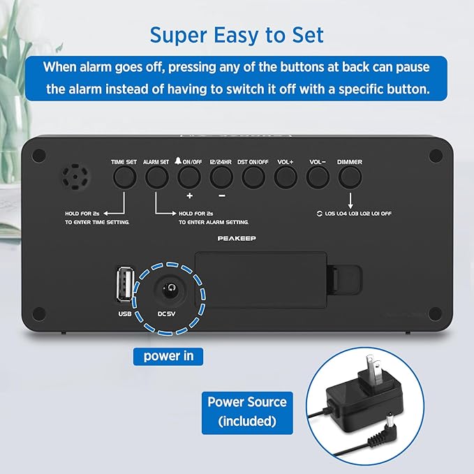 Peakeep Digital Alarm Clock for Bedroom Bedside, Loud Alarm Clock for Heavy - Image 6