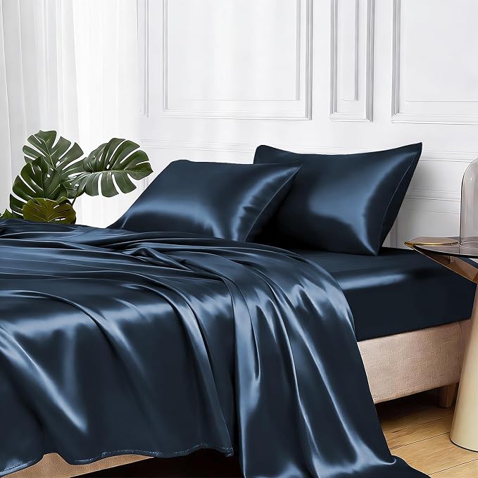 MR&HM Satin Bed Sheets with Elastic Corner Straps, Full Size Sheets Set by MRHM