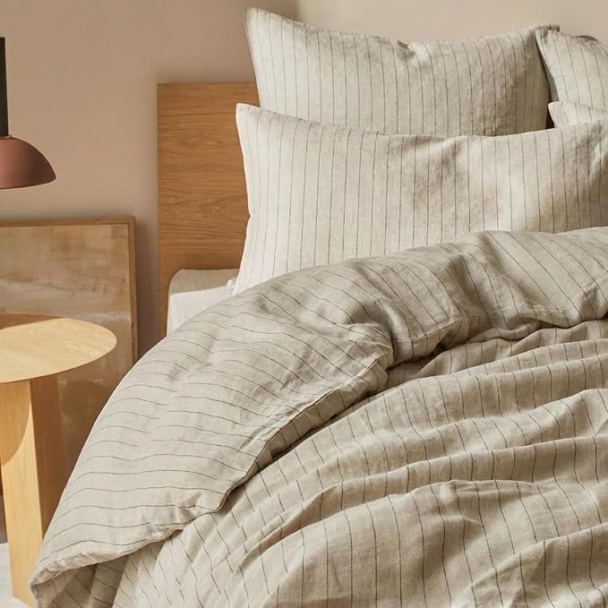 mixinni 3 Piece Striped Duvet Cover Set, Neutral Washed Cotton Linen Blend - Image 7