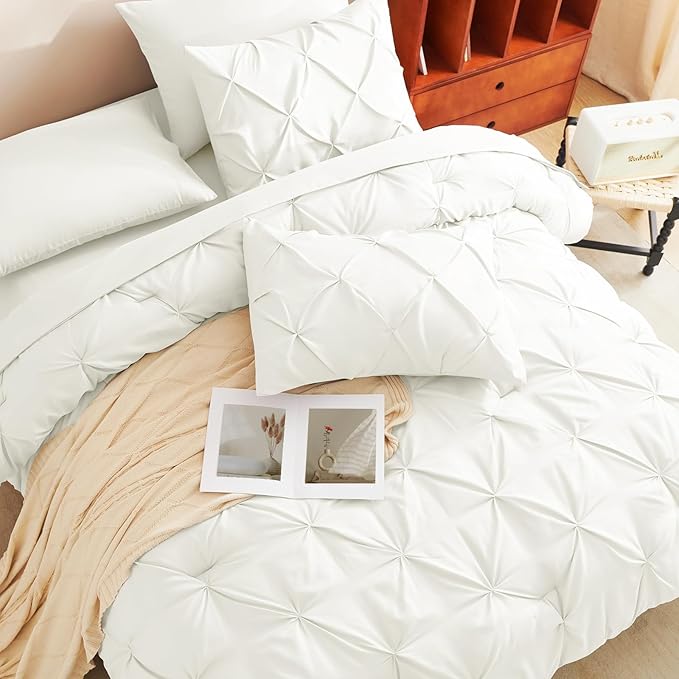 HIMEET Pintuck Bed in a Bag, 7 Pieces Full Size Comforter Set Ivory, Luxury - Image 4