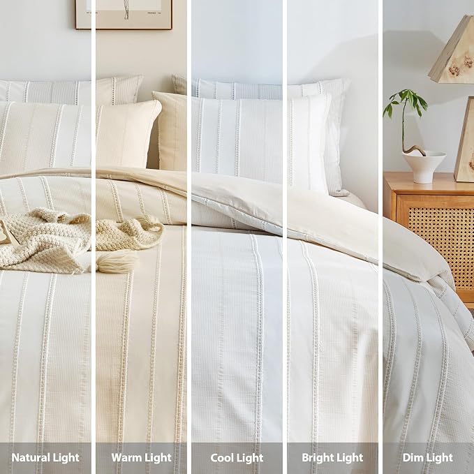 WARMDERN Khaki Striped Weave Duvet Cover King Size, Microfiber Textured Bedding - Image 8