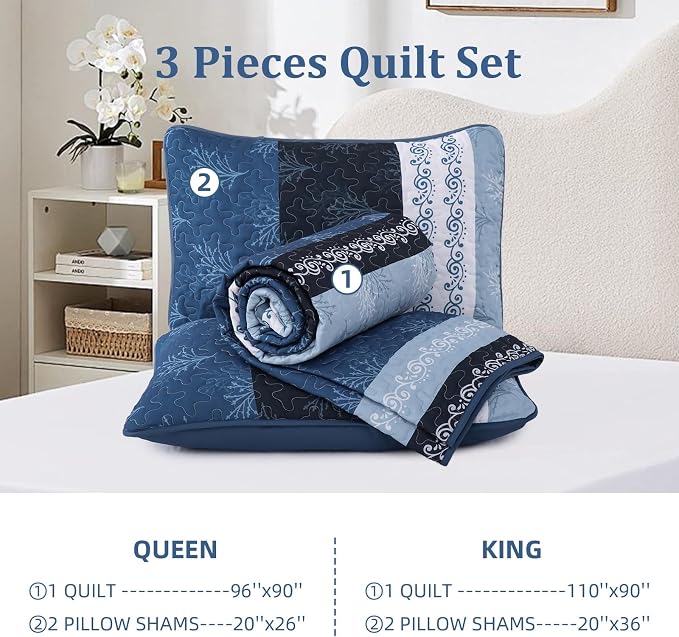 DJY Stripe Quilt Set Queen Size Blue Bedspread Coverlet Set 3 Pieces Boho - Image 8