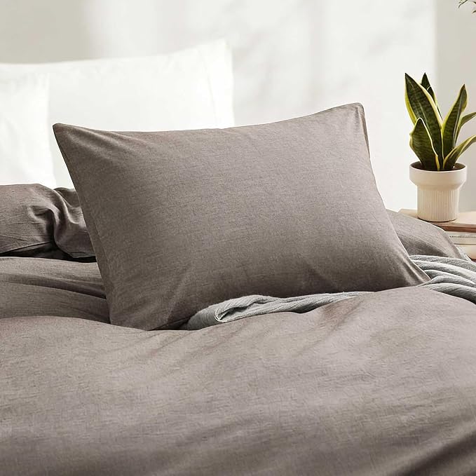 LOVQUE 100% Cotton Duvet Cover Set Twin Size, Mauve Brown Linen-Like Natural - Image 3
