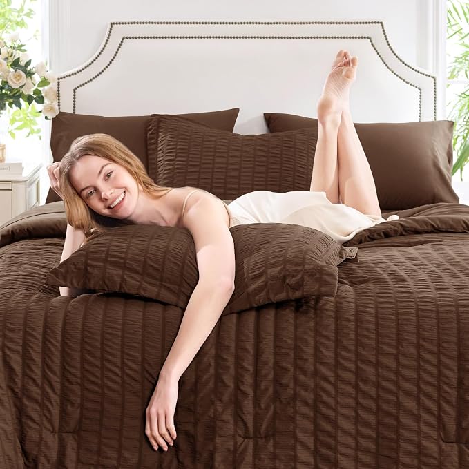 CozyLux Oversized Queen Comforter Set Brown Seersucker 7 Pieces 98x98 Bed in a - Image 7