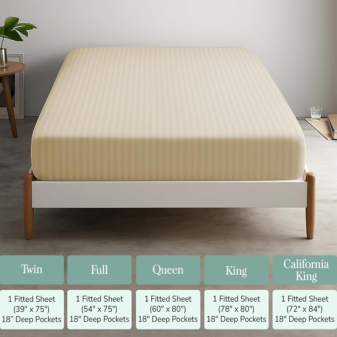 Feather & Stitch 1 Piece Fitted Sheet Queen Size, 100% Cotton Damask Sateen - Image 6