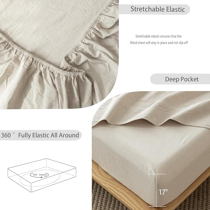 MooMee Fitted Bottom Sheet Only 100% Washed Cotton Linen Like Textured - Image 4