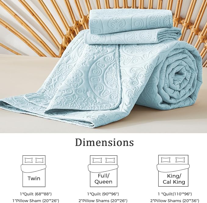 WURUIBO Sky Blue Quilt Set Twin Size, Embossing Microfiber Bedspreads - Image 6