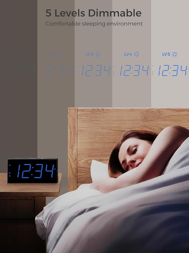 Large Display Alarm Clock for Bedroom, Dual Alarm for Couples, 5-Level Dimmer - Image 5