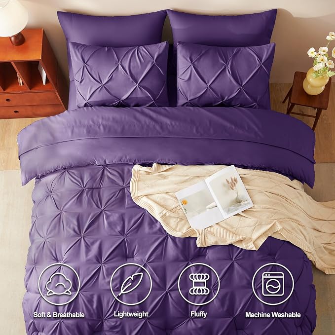 CozyLux King Size Comforter Set Purple, 7 Pieces Pintuck Bed in A Bag Purple - Image 2