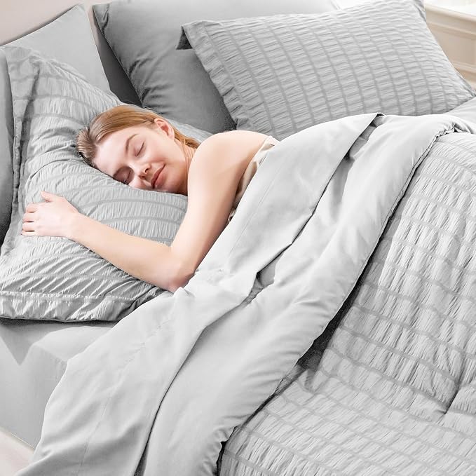 CozyLux King Size Comforter Set Light Grey Seersucker 7 Pieces Bed in a Bag - Image 5