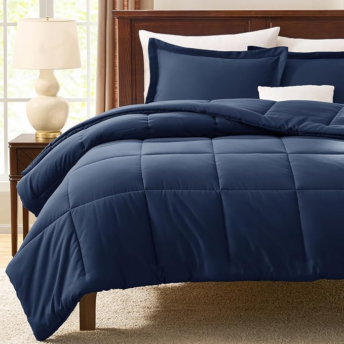 CozyLux Oversized Queen Comforter Set, 3 Pieces Navy Blue 98x98 Box Stitched - Image 7