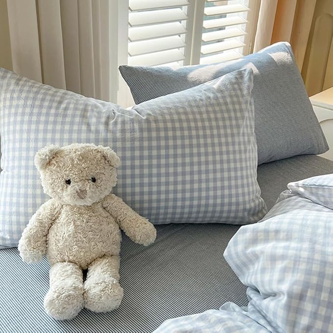 Nayoroom Gingham Duvet Cover Full Size Blue White Plaid Checkered Comforter - Image 7