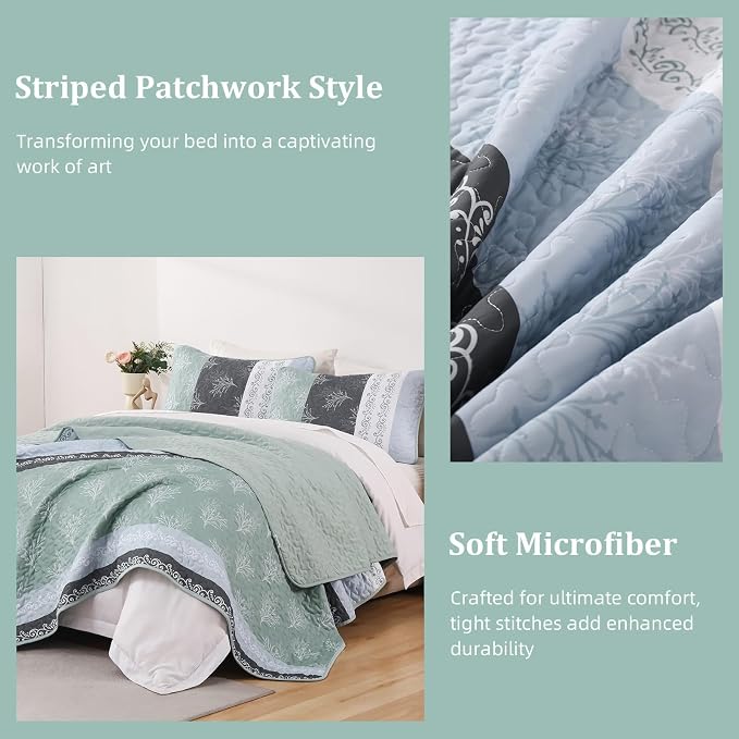 DJY Stripe Quilt Set Queen Size Sage Green Bedspread Coverlet Set 3 Pieces Boho - Image 7
