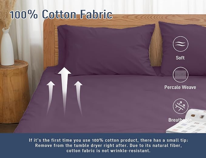 Pillow Cases, Standard Queen Size Cotton Percale Weave Pillowcases, Pre-Shrunk - Image 4