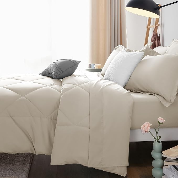 CozyLux California King Comforter Set Oatmeal - Image 12