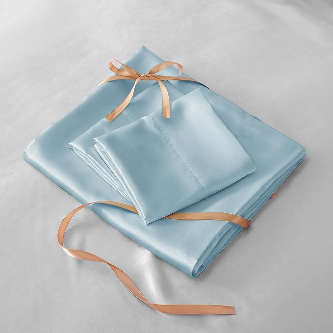 BEDELITE Satin Sheets Queen Size Bed Set, Luxury Soft Light Blue Silky Sheets - Image 7