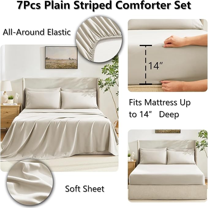 CozyLux Full Size Comforter Sets Oatmeal, 7 Pieces Bed in a Bag, Oatmeal - Image 5