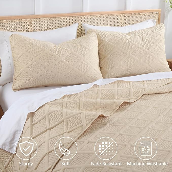 Yiran Camel Quilt Set Queen Size, 3 Piece Reversible Bedspreads Bedding Set - Image 4
