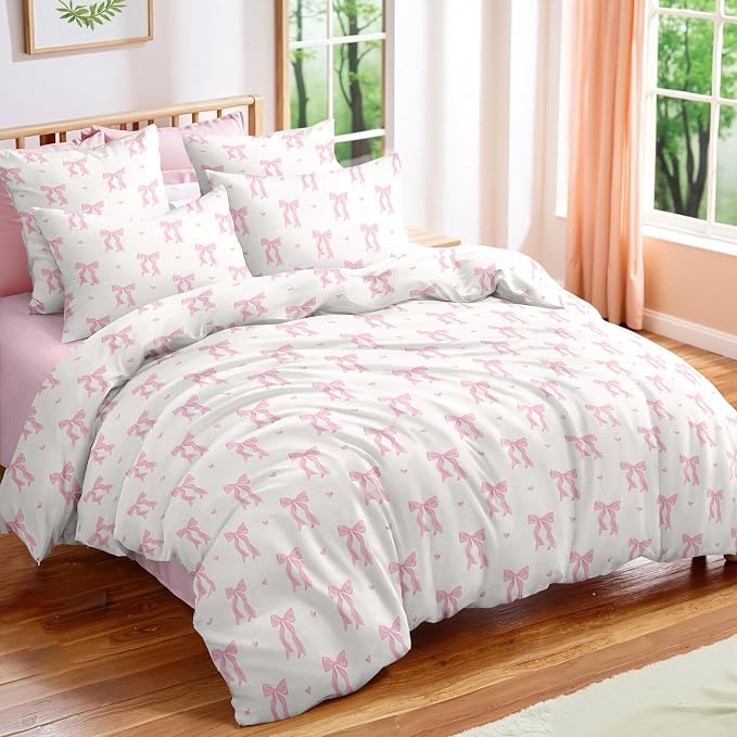 Nayoroom Pink Bow Duvet Cover Queen Size Heart Duvet Cover Coquette Bedding Set - Image 2