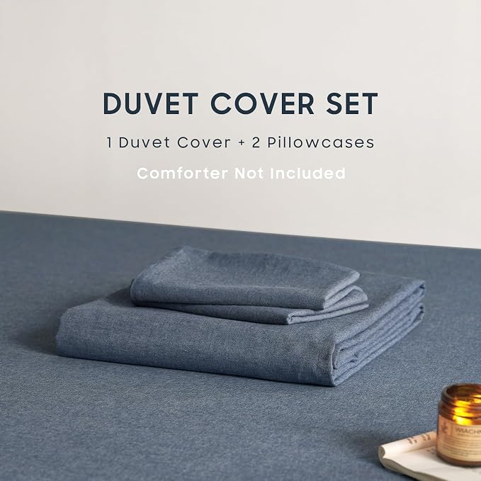 Wake In Cloud - Cotton Duvet Cover Set, Twin Size, Chambray Denim Blue - Image 2