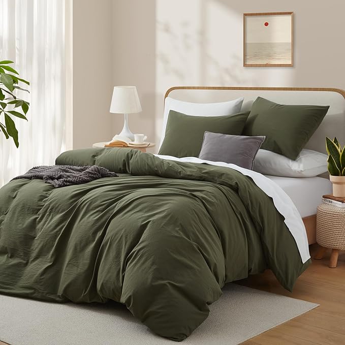 LOVQUE Olive Green Cotton Duvet Cover King Size, Linen Like Natural Bedding Set - Image 2