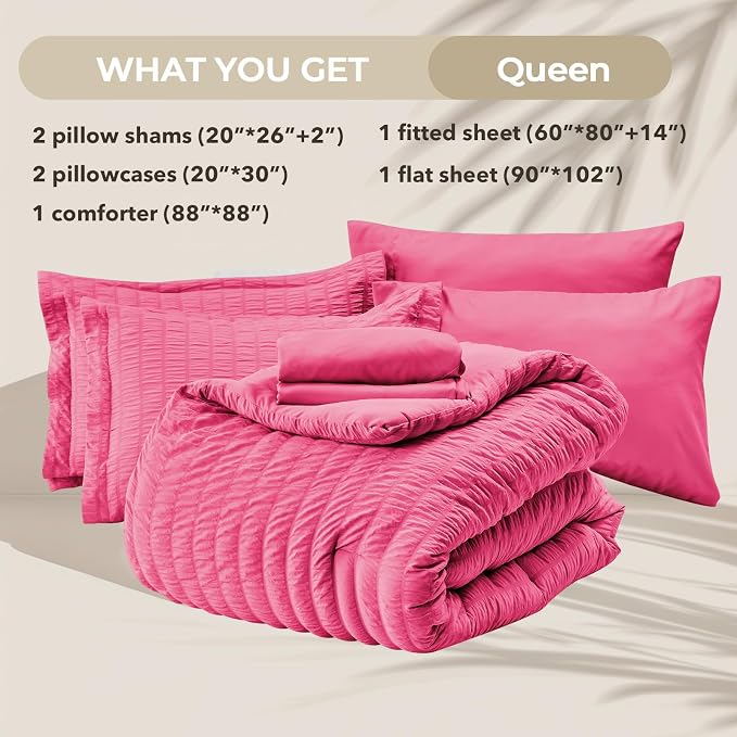 HYMOKEGE Hot Pink Queen Comforter Set Seersucker 7 Pieces, All Season Luxury - Image 6