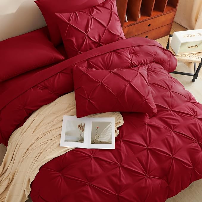 HIMEET Pintuck Bed in a Bag, 7 Pieces Queen Size Comforter Set Dark Red - Image 4