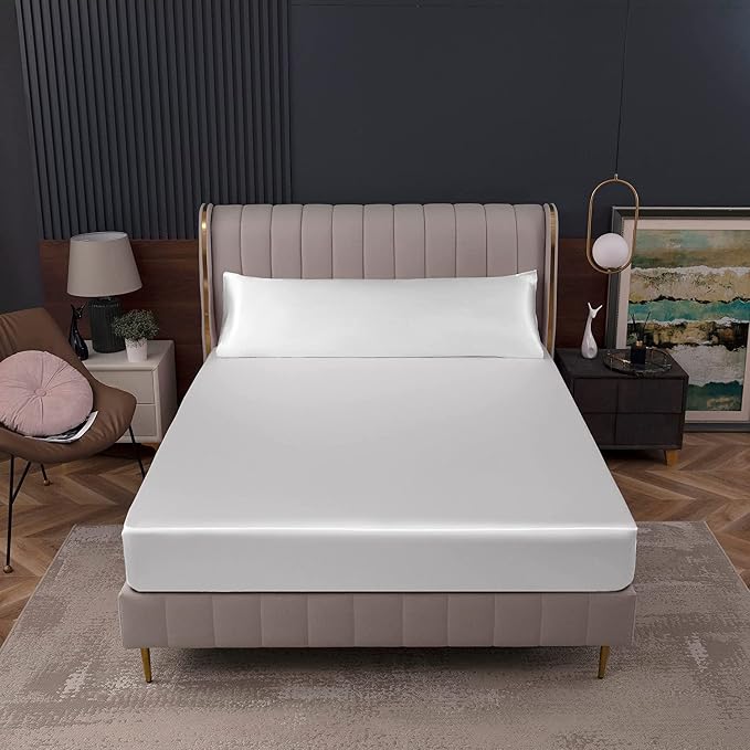 Homiest White Satin Fitted Twin XL Size Bed Sheet, Deep Pocket, Luxury & Ultra - Image 8