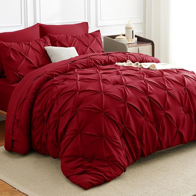 HIMEET Pintuck Bed in a Bag, 7 Pieces Queen Size Comforter Set Dark Red by Unknown