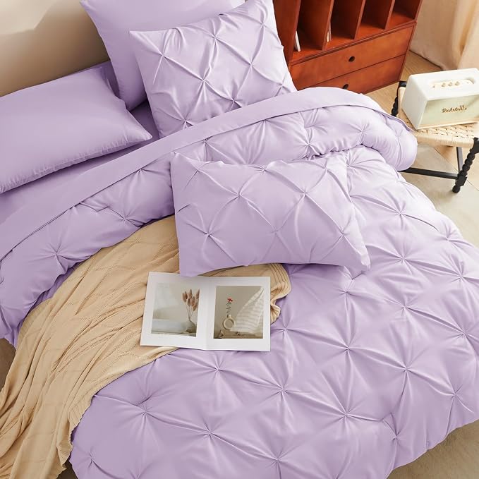 HIMEET Pintuck Bed in a Bag, 7 Pieces King Size Comforter Set Lavender - Image 4