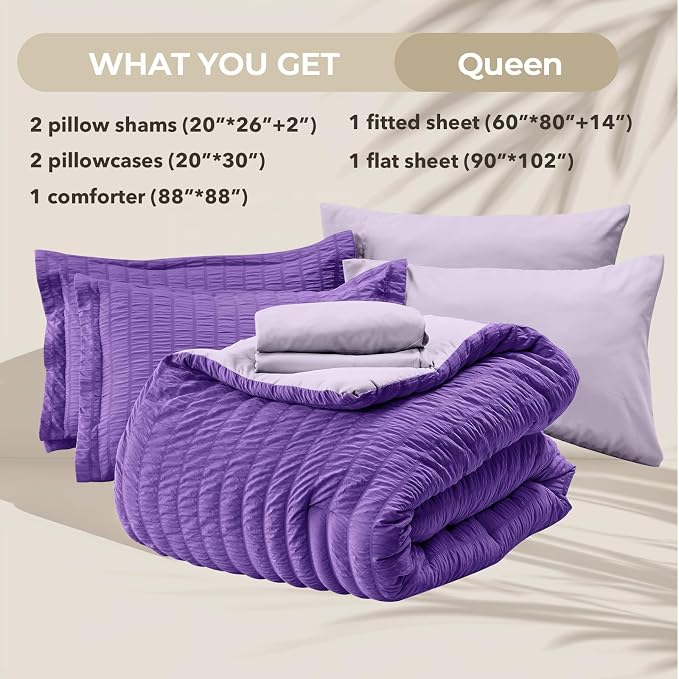 HYMOKEGE Dark Purple/Lavender Queen Comforter Set Seersucker 7 Pieces, All - Image 6