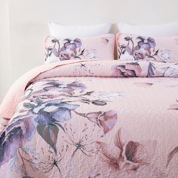 Floral Quilt Set Queen 3 Pieces Pink Floral Quilt Coverlet Set Soft Microfiber - Image 4