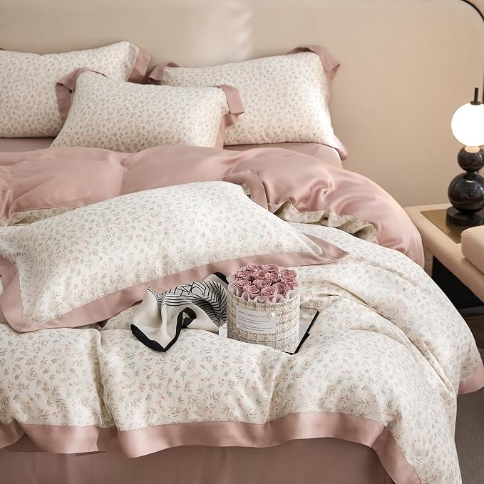 mixinni Pink White Floral Duvet Cover Twin XL Size Green Leaves Cute Flower - Image 3