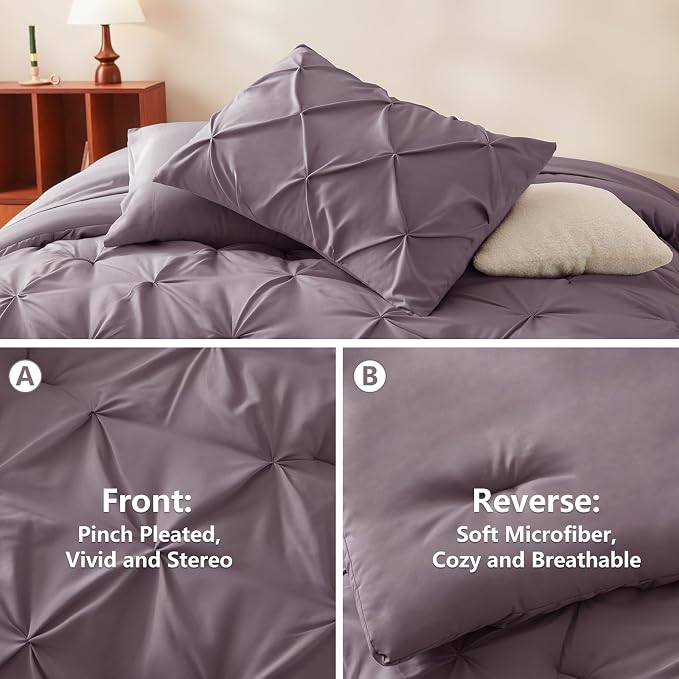 HIMEET Pintuck Bed in a Bag, 7 Pieces King Size Comforter Set Dusty Purple - Image 3