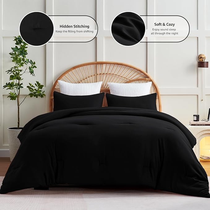 CozyLux Oversized Queen Comforter Set Black, 3 Pieces 98x98 Solid Breathable - Image 3